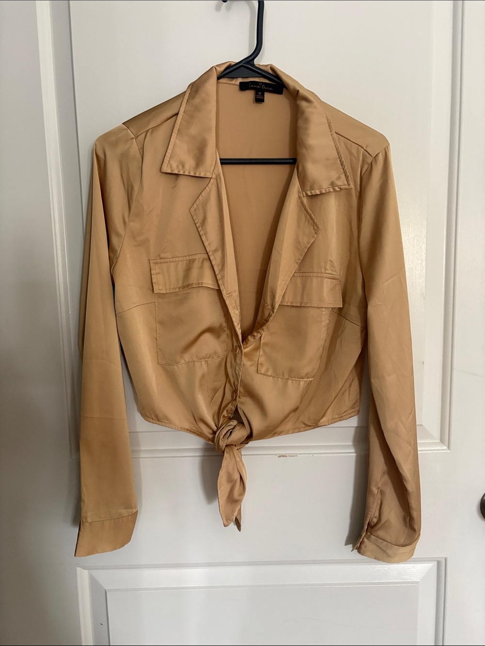 GUC- Gold Satin Tie-Front Long Sleeve Shirt, M